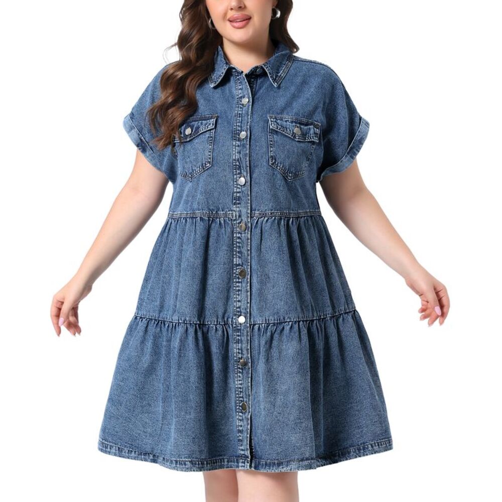 Women Plus Size Button Down Tiered Denim Babydoll Dress Snow Blue Wash